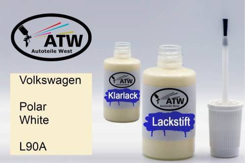 Volkswagen, Polar White, L90A: 20ml Lackstift + 20ml Klarlack - Set, von ATW Autoteile West.